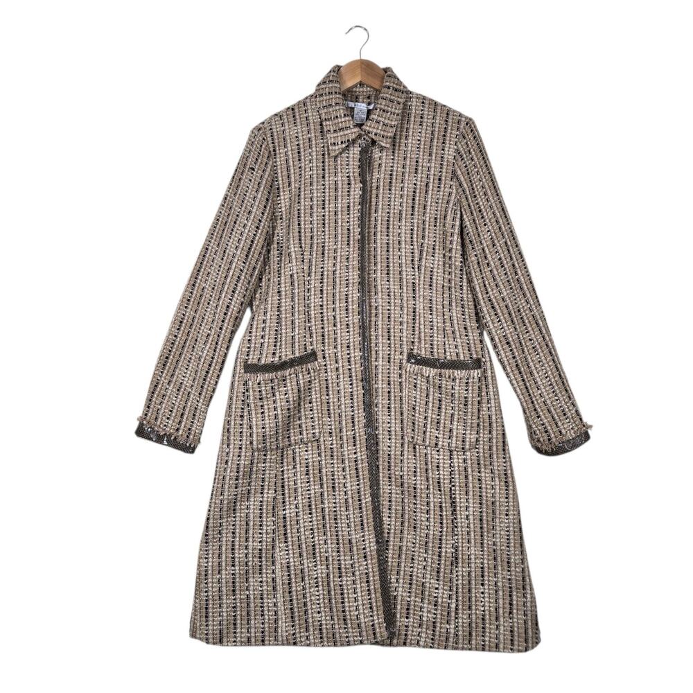 Y2K zbd Design Tweed Duster Coat 12 Beige Silk Blend Fringe Old Money City Chic